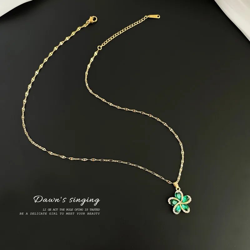 316L Stainless Steel Flower Pendant Necklace with Green ZirconAzizaK