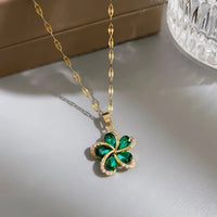 316L Stainless Steel Flower Pendant Necklace with Green ZirconAzizaK