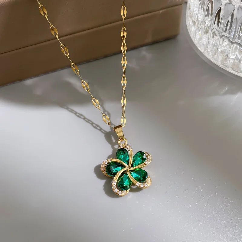 316L Stainless Steel Flower Pendant Necklace with Green ZirconAzizaK