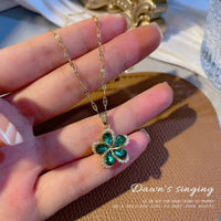 316L Stainless Steel Flower Pendant Necklace with Green ZirconAzizaK