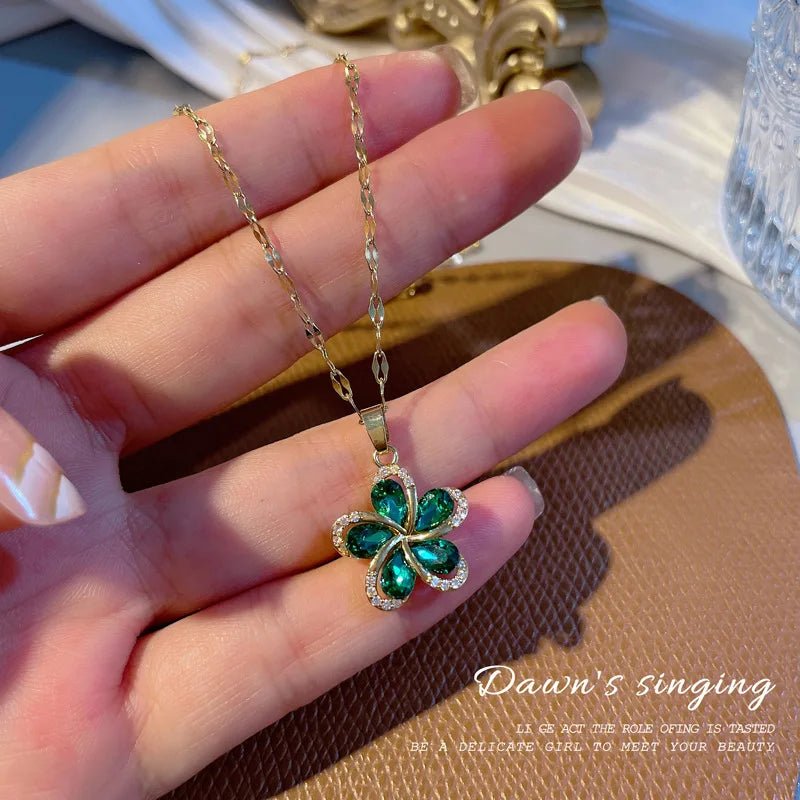 316L Stainless Steel Flower Pendant Necklace with Green ZirconAzizaK