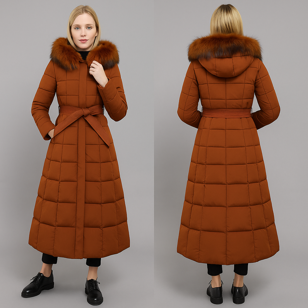 Elegant Long Puffer Coat with Faux Fur Hood