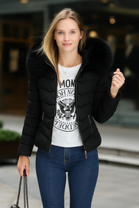 coat with artificial raccoon fur collar