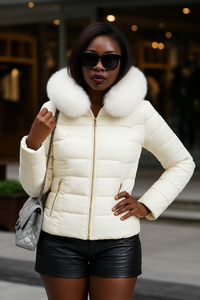 coat with artificial raccoon fur collar