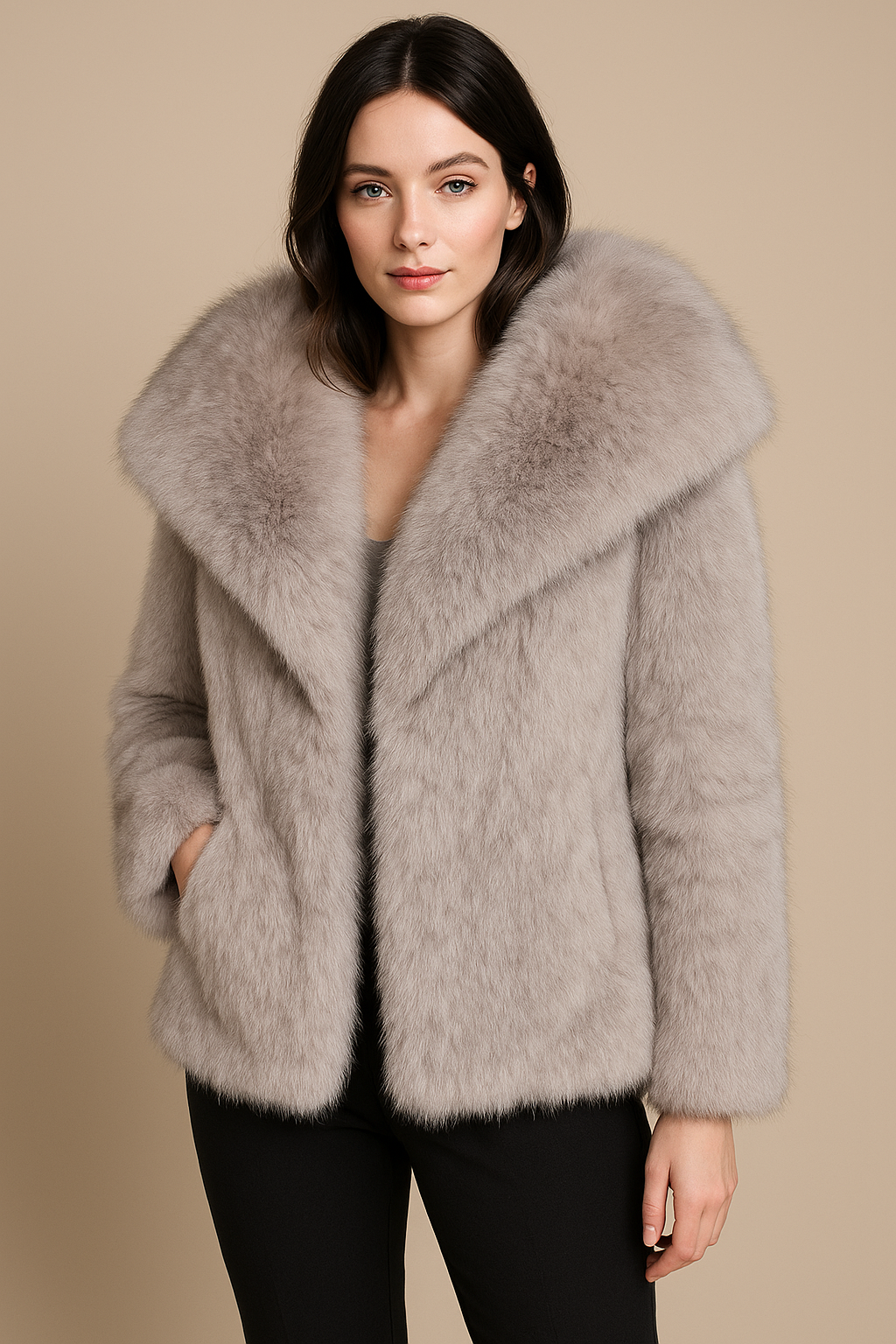 fur turn-down collar coat long sleeve cardigan