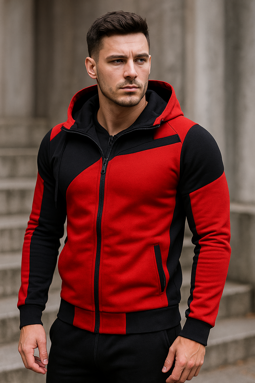double zipper hooded jacket with pants