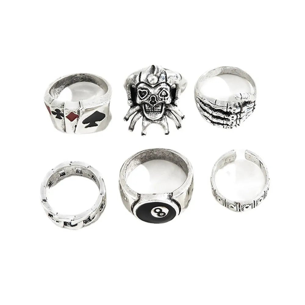 6pcs Exaggerated Skull Clown Poker Number Joker RingsAzizaK