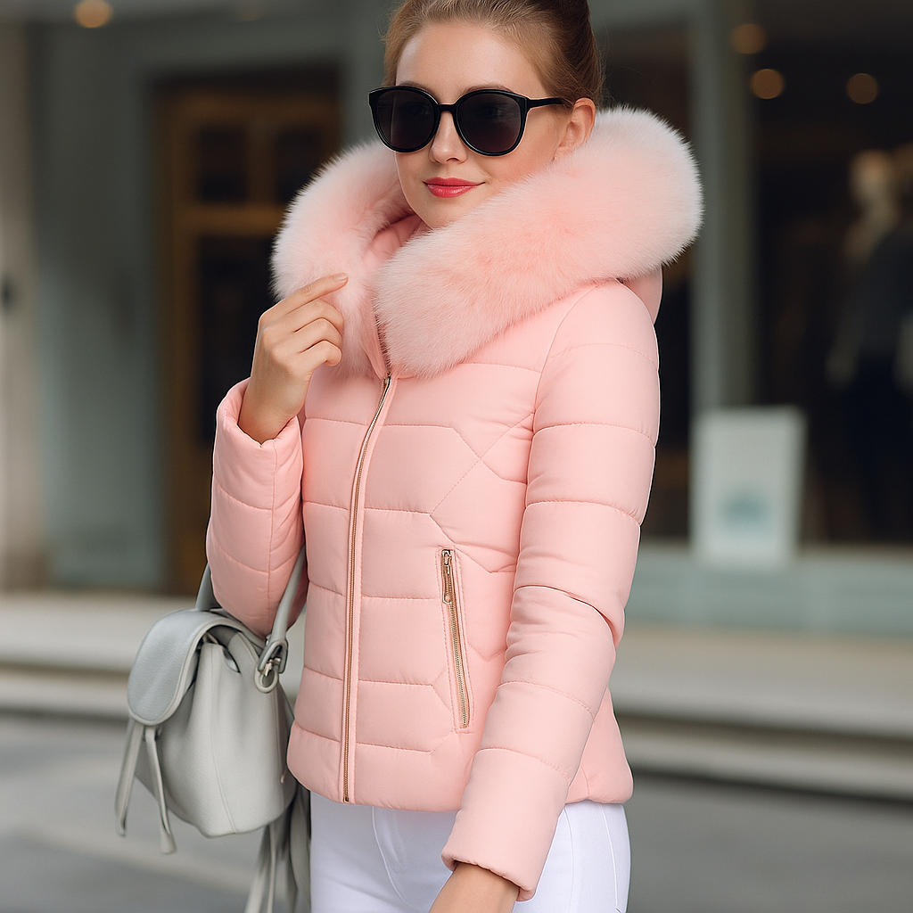 coat with artificial raccoon fur collar