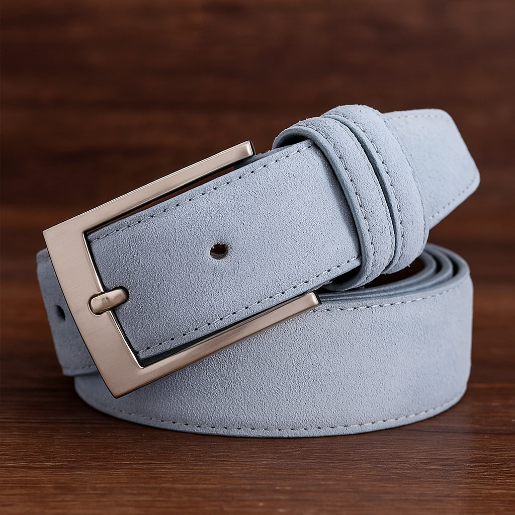 Suede Leather Belt – Genuine Cowhide with Classic Silver Buckle