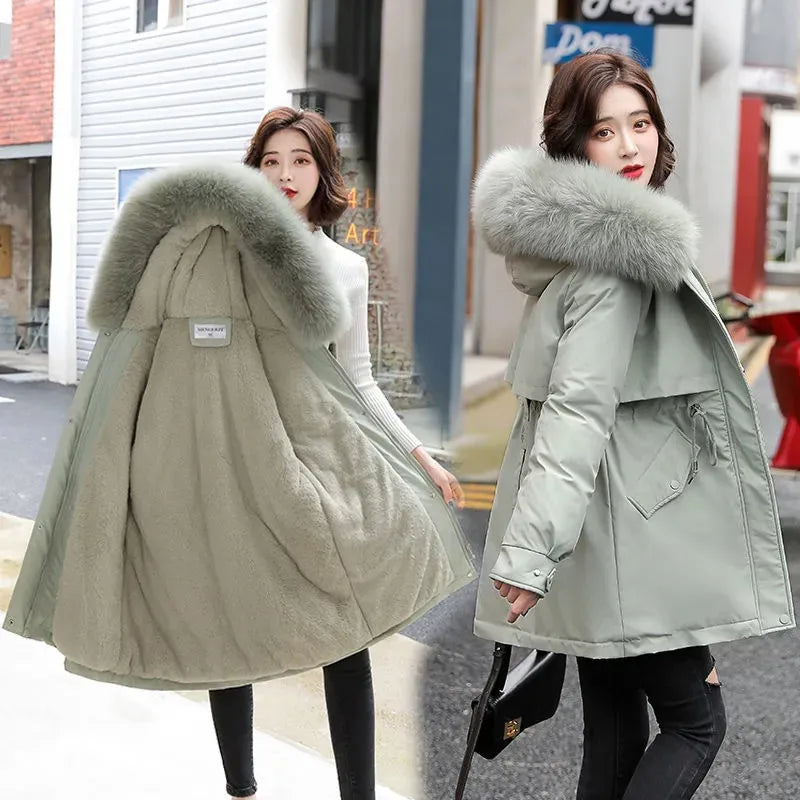 Wool Lining Coat Slim Hooded Parkas With Fur Collar