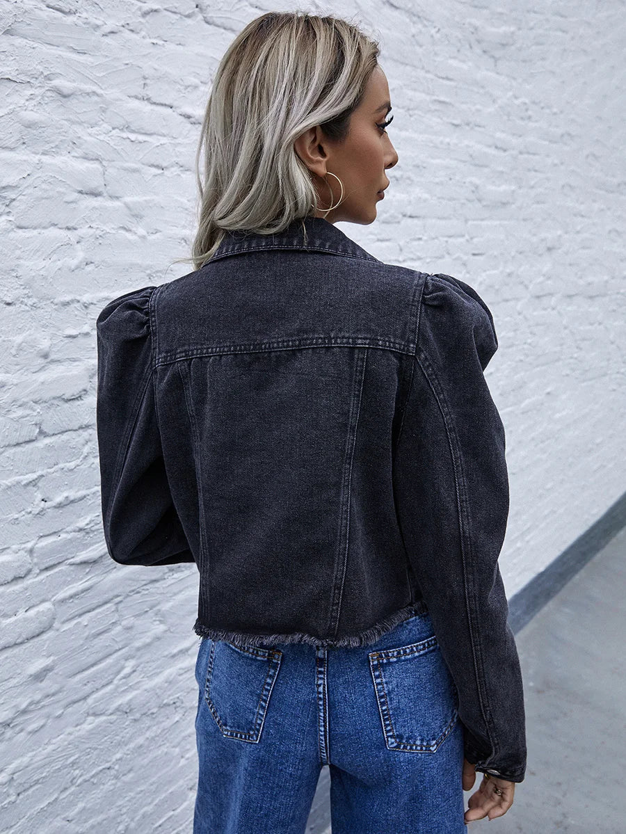 Short denim jacket with long puff sleeves