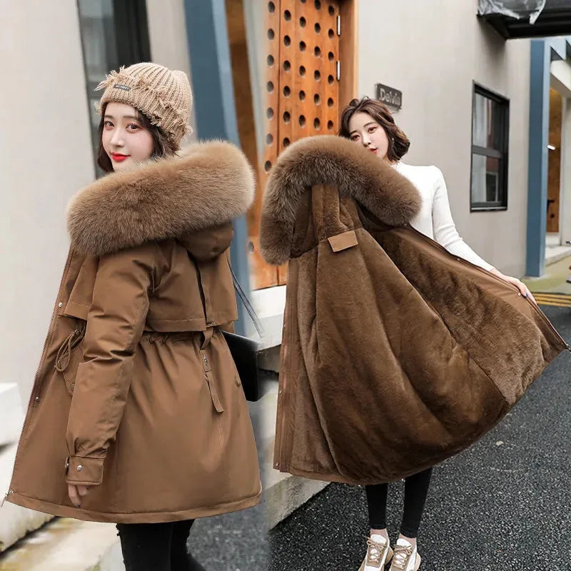 Wool Lining Coat Slim Hooded Parkas With Fur Collar