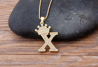 Handsome Punk Hip-Hop Style Zircon Crown Initial Alphabet Pendant Necklace Short Eye Catching Choker Chain Jewelry Gift