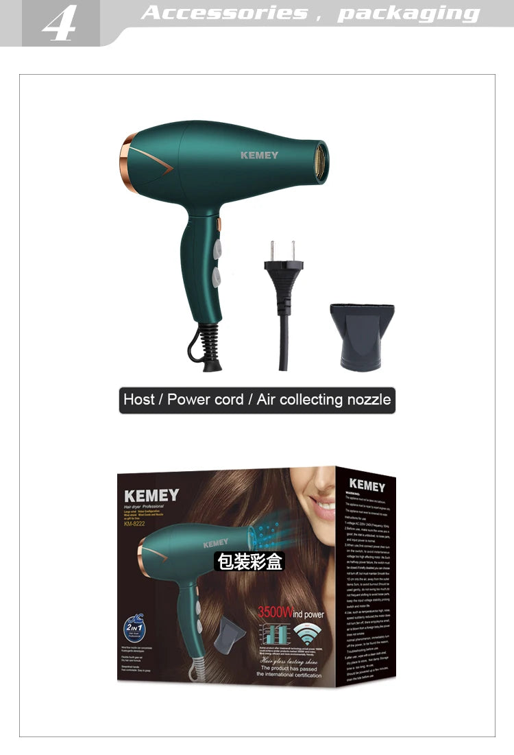 Kemei 3500W Hot and Cold Wind Hair Dryer Foldable Compact Blow Dryer Hairdryer Hair Styling Tools for Salons and Household Use