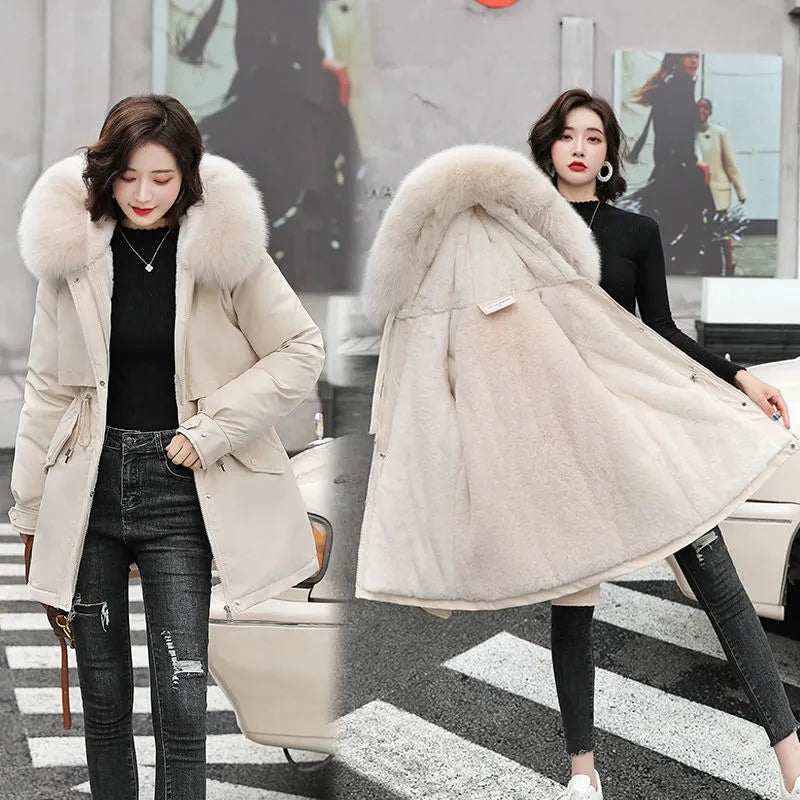 Wool Lining Coat Slim Hooded Parkas With Fur Collar