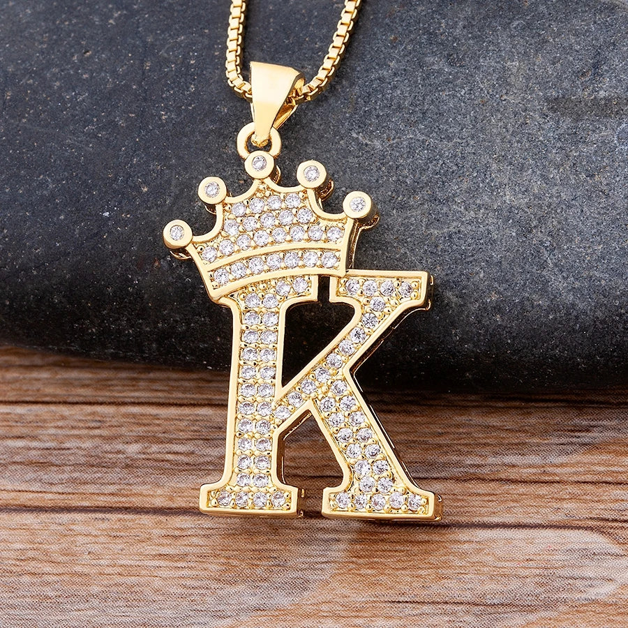 Handsome Punk Hip-Hop Style Zircon Crown Initial Alphabet Pendant Necklace Short Eye Catching Choker Chain Jewelry Gift