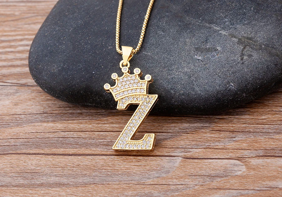 Handsome Punk Hip-Hop Style Zircon Crown Initial Alphabet Pendant Necklace Short Eye Catching Choker Chain Jewelry Gift