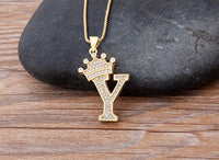 Handsome Punk Hip-Hop Style Zircon Crown Initial Alphabet Pendant Necklace Short Eye Catching Choker Chain Jewelry Gift