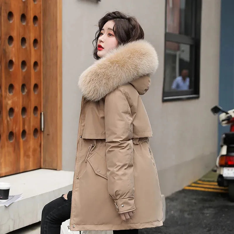 Wool Lining Coat Slim Hooded Parkas With Fur Collar