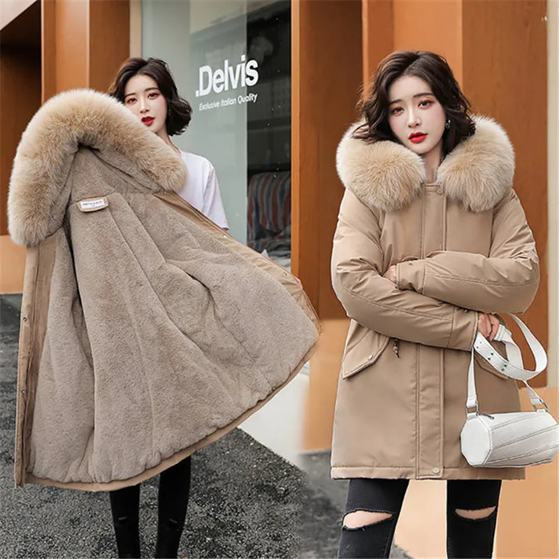 Wool Lining Coat Slim Hooded Parkas With Fur Collar