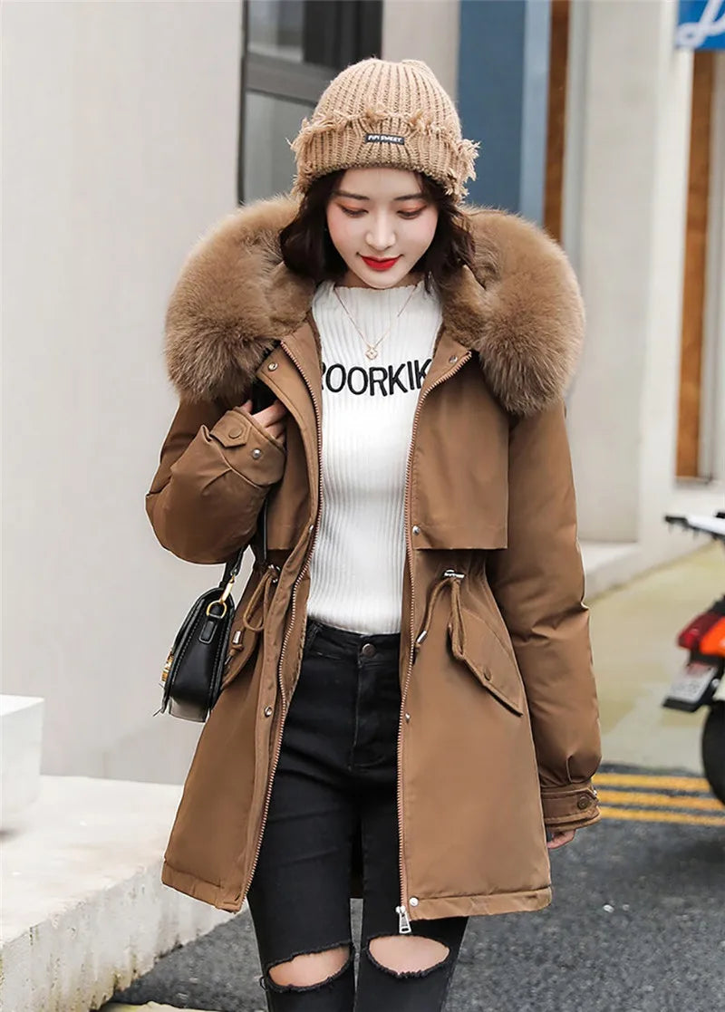 Wool Lining Coat Slim Hooded Parkas With Fur Collar