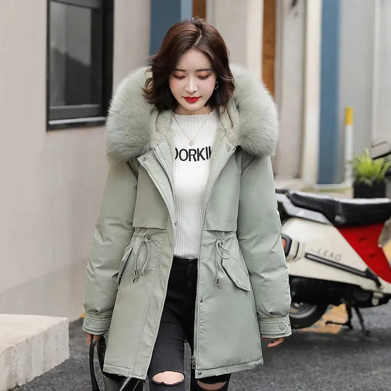 Wool Lining Coat Slim Hooded Parkas With Fur Collar