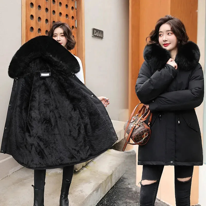 Wool Lining Coat Slim Hooded Parkas With Fur Collar