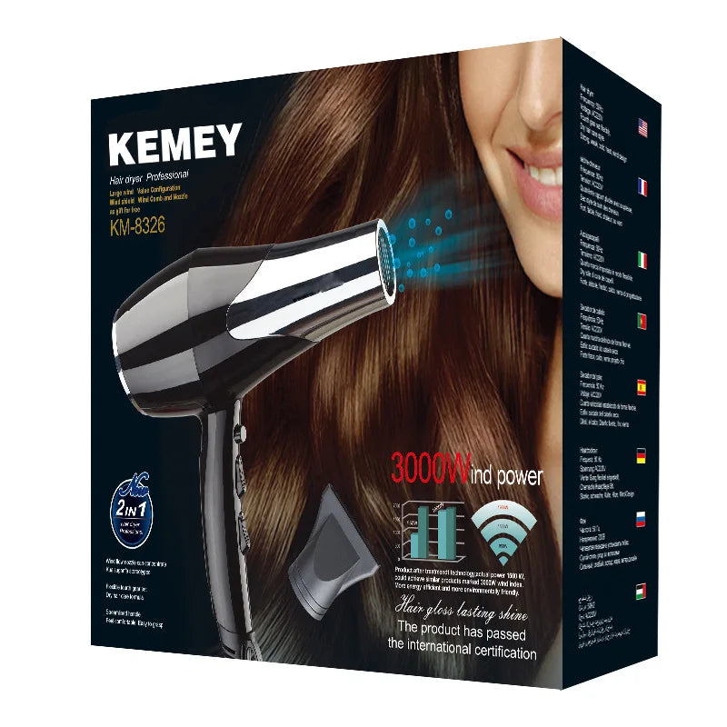 Kemei 3000 Watt Full Size Pro Hair Dryer Professional Salon Blow Dryer with Concentrator Nozzle Attachments 3 Speeds fast Dry