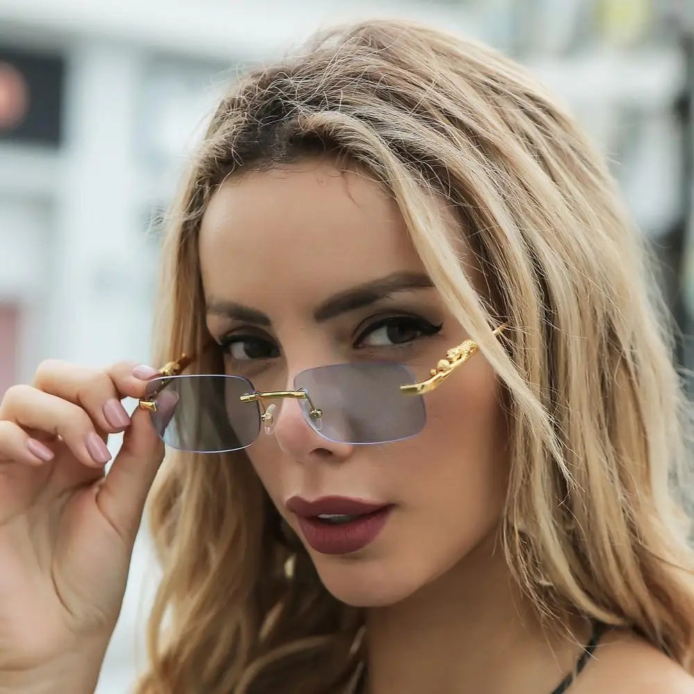 Rimless Square Sunglasses Retro Designer Gold Leopard Style Lenses