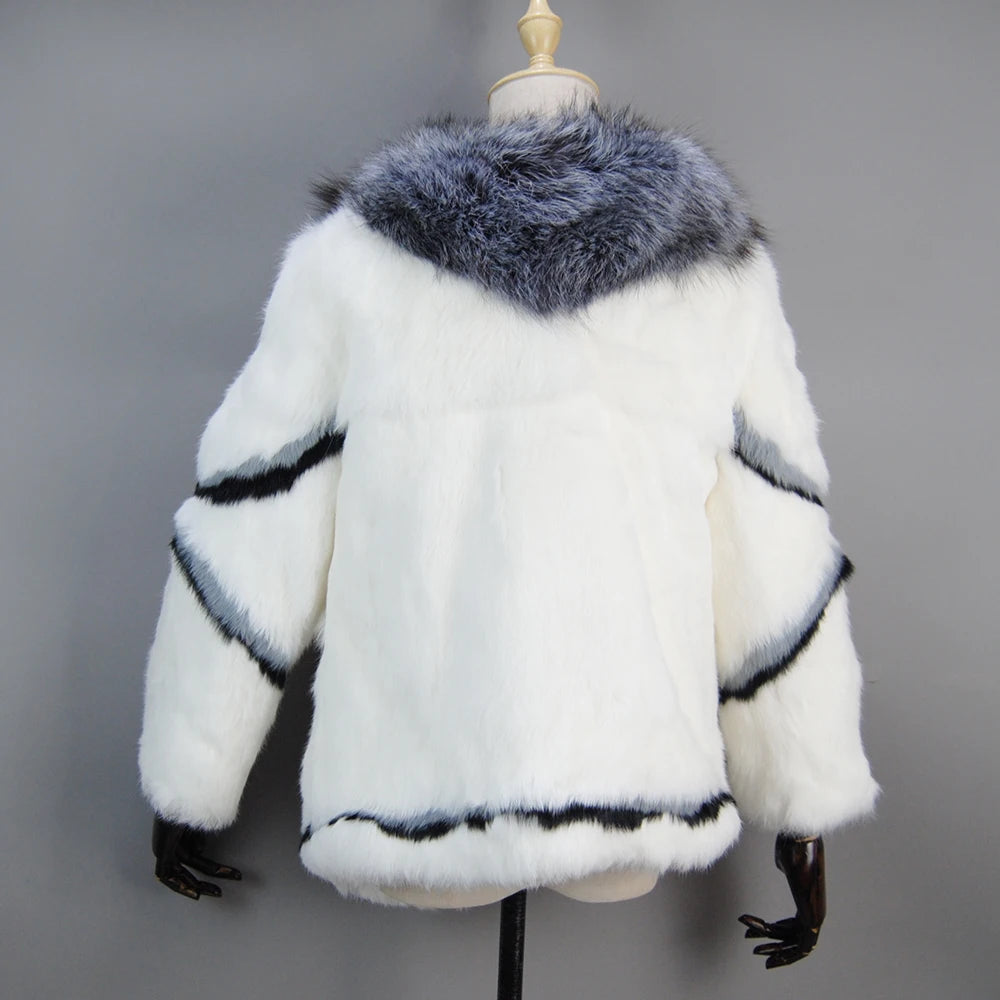 Natural rabbit fur coat with fox fur collar