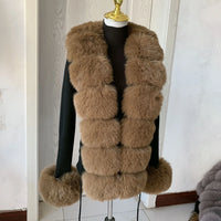 elegant knitted sweater with faux fox fur collar, fur coat