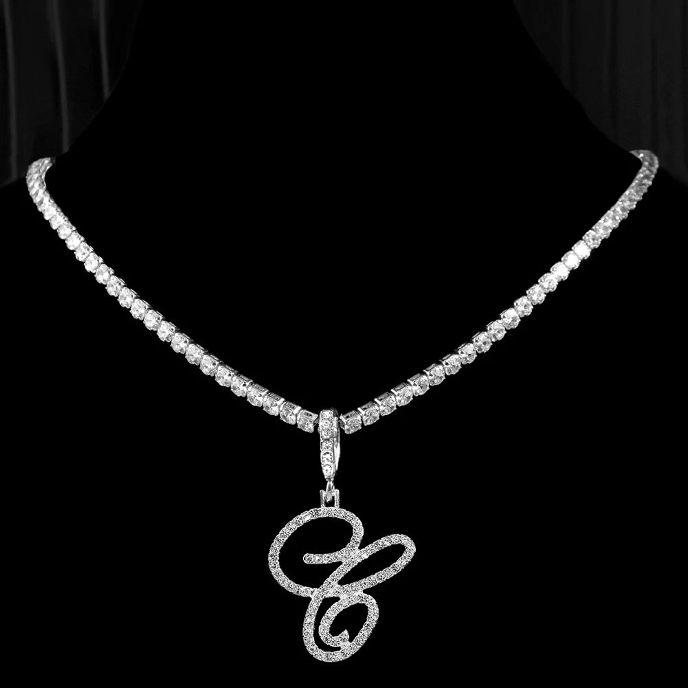 New Cursive Letters Cubic Zirconia Chain Intial Name Necklace Hip Hop Jewelry Gold Silver Color CZ 26 Alphabet Pendant Necklaces