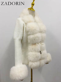 Faux Fur Coat Luxury Knitted Sweater Fur Cardigan Detachable Collar White Pink