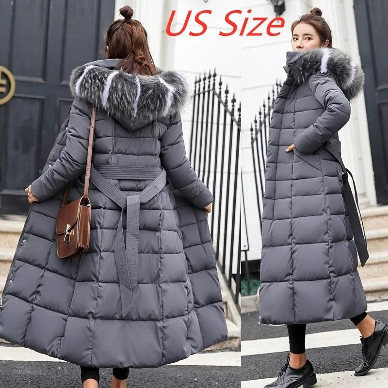 Long Fox Fur Bow Warm Down Coat