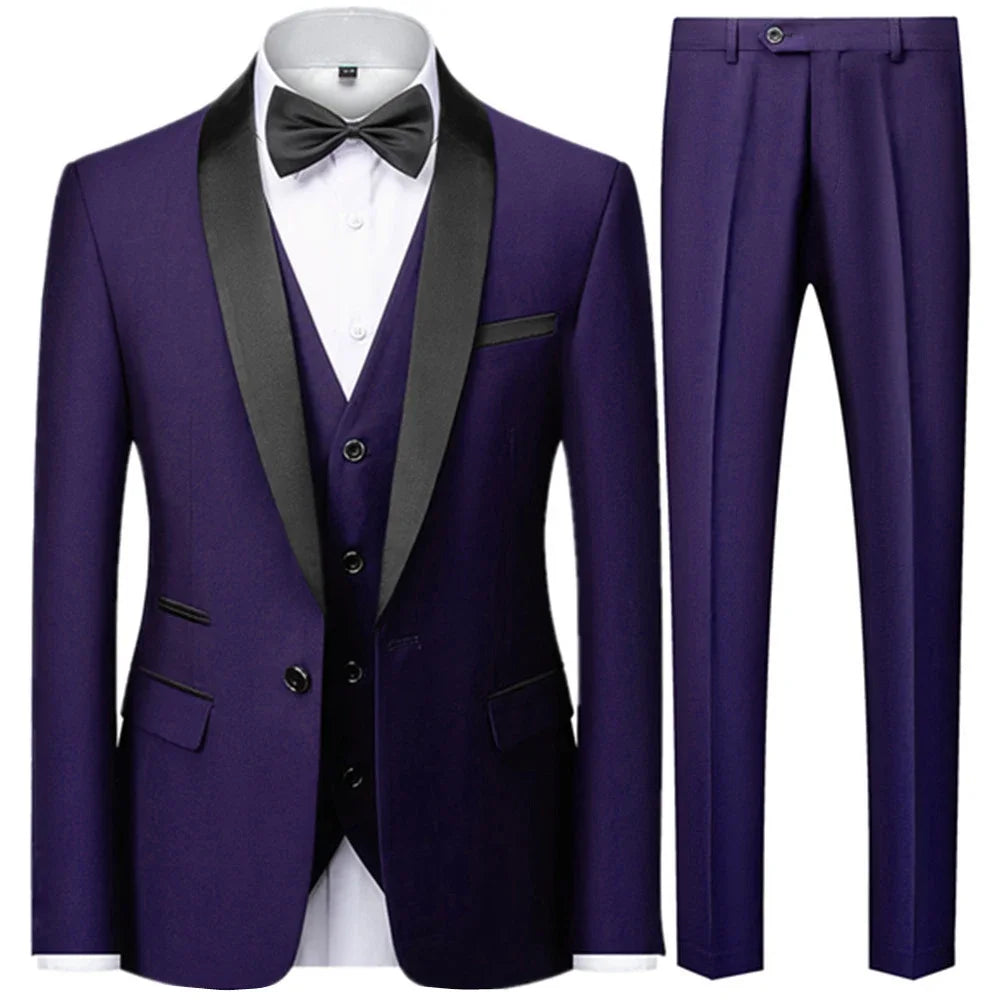 Men’s British Style Slim Suit 3 Piece Set Jacket Vest Pants