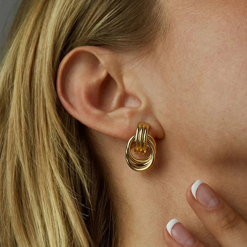 Gold Plated Textured Knot Twisted Geometric Stud Earrings