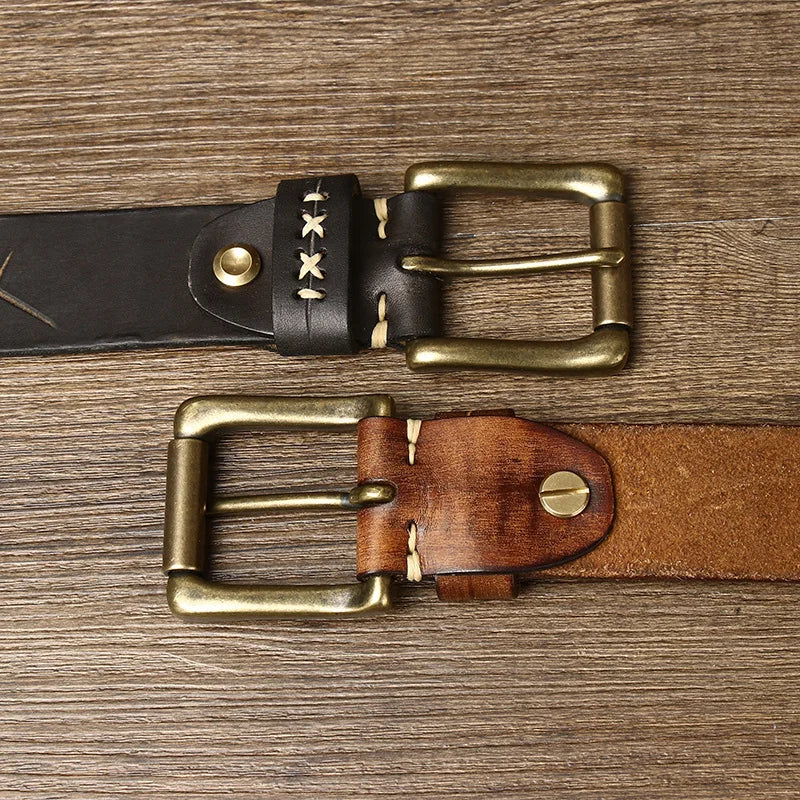 High Quality Genuine Leather Belt for Men 3.8 CM with Brass Pin Buckle Pure Cowhide Vintage Strap for Jeans