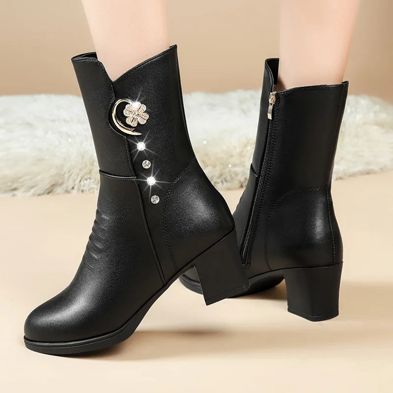 Women Ankle Boots Winter Thick Plush Comfortable High Heels Big Size Outdoor Anti-Skid Warm Middle Boots Botas Mujer Invierno