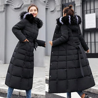 Long Fox Fur Bow Warm Down Coat