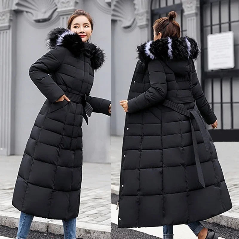 Long Fox Fur Bow Warm Down Coat