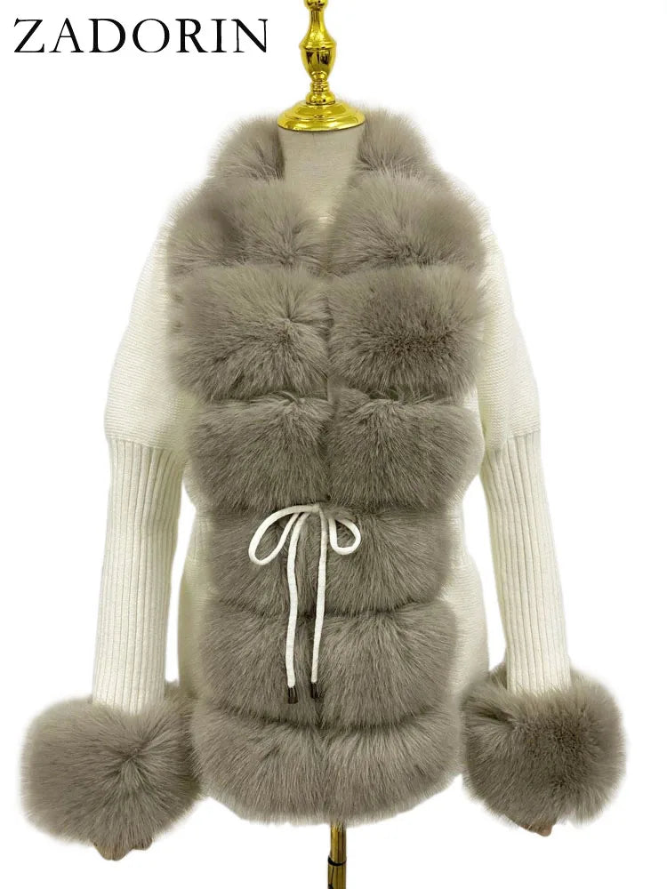 Faux Fur Coat Luxury Knitted Sweater Fur Cardigan Detachable Collar White Pink