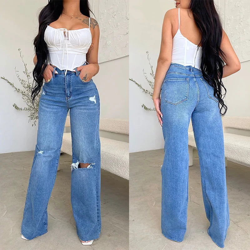 Jeans Wide Leg Pants Wash Holes