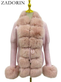 Faux Fur Coat Luxury Knitted Sweater Fur Cardigan Detachable Collar White Pink