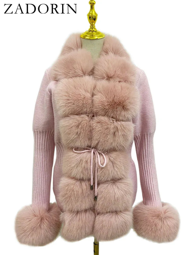 Faux Fur Coat Luxury Knitted Sweater Fur Cardigan Detachable Collar White Pink