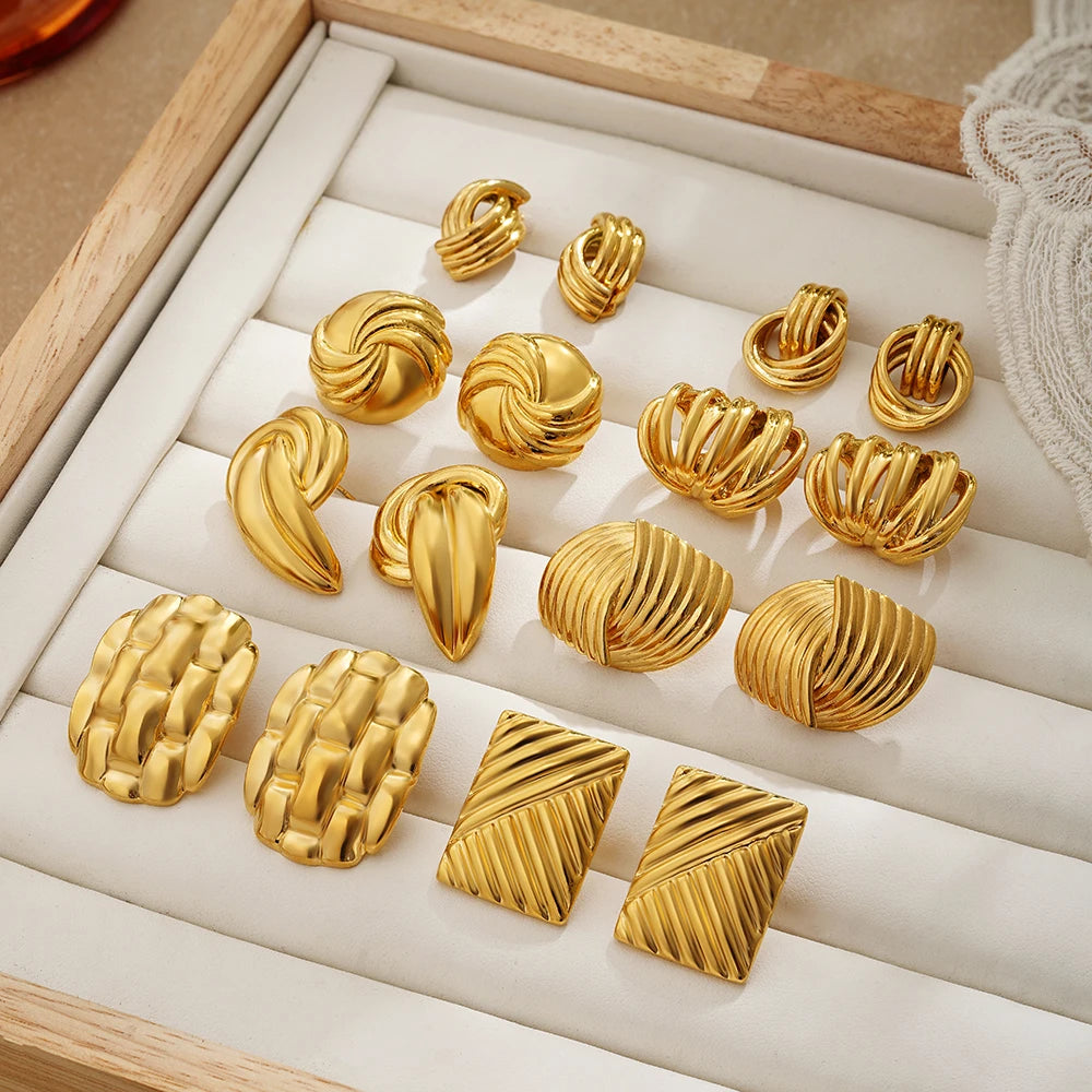 Gold Plated Textured Knot Twisted Geometric Stud Earrings