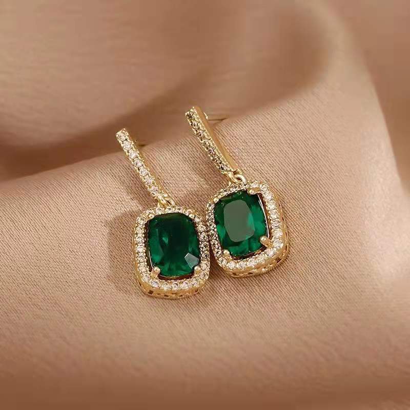 Luxury Green Emerald Square Stud Earrings