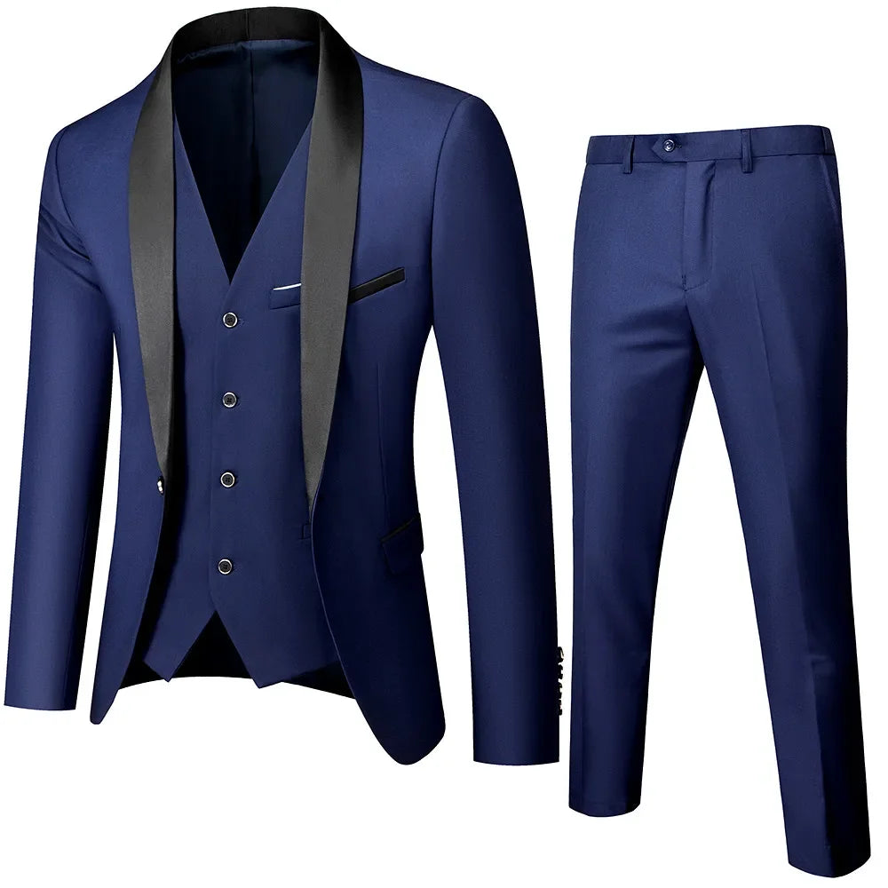 Men’s British Style Slim Suit 3 Piece Set Jacket Vest Pants