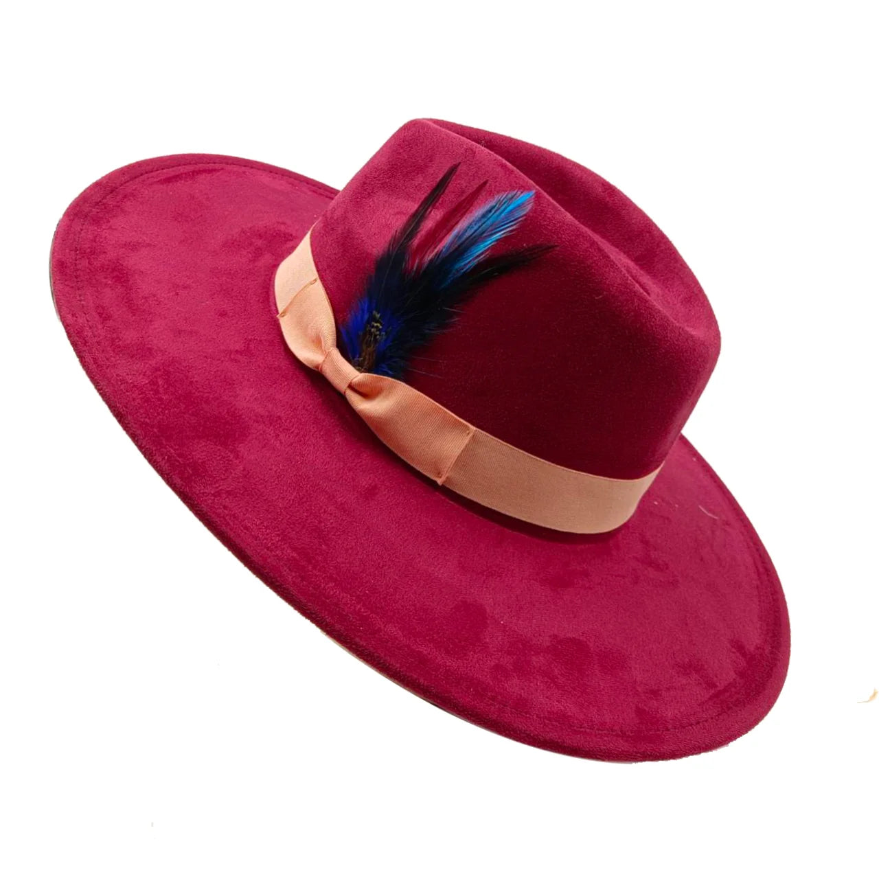 Suede fedora hat with heart shaped top, 3.75" brim