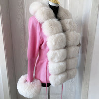 elegant knitted sweater with faux fox fur collar, fur coat