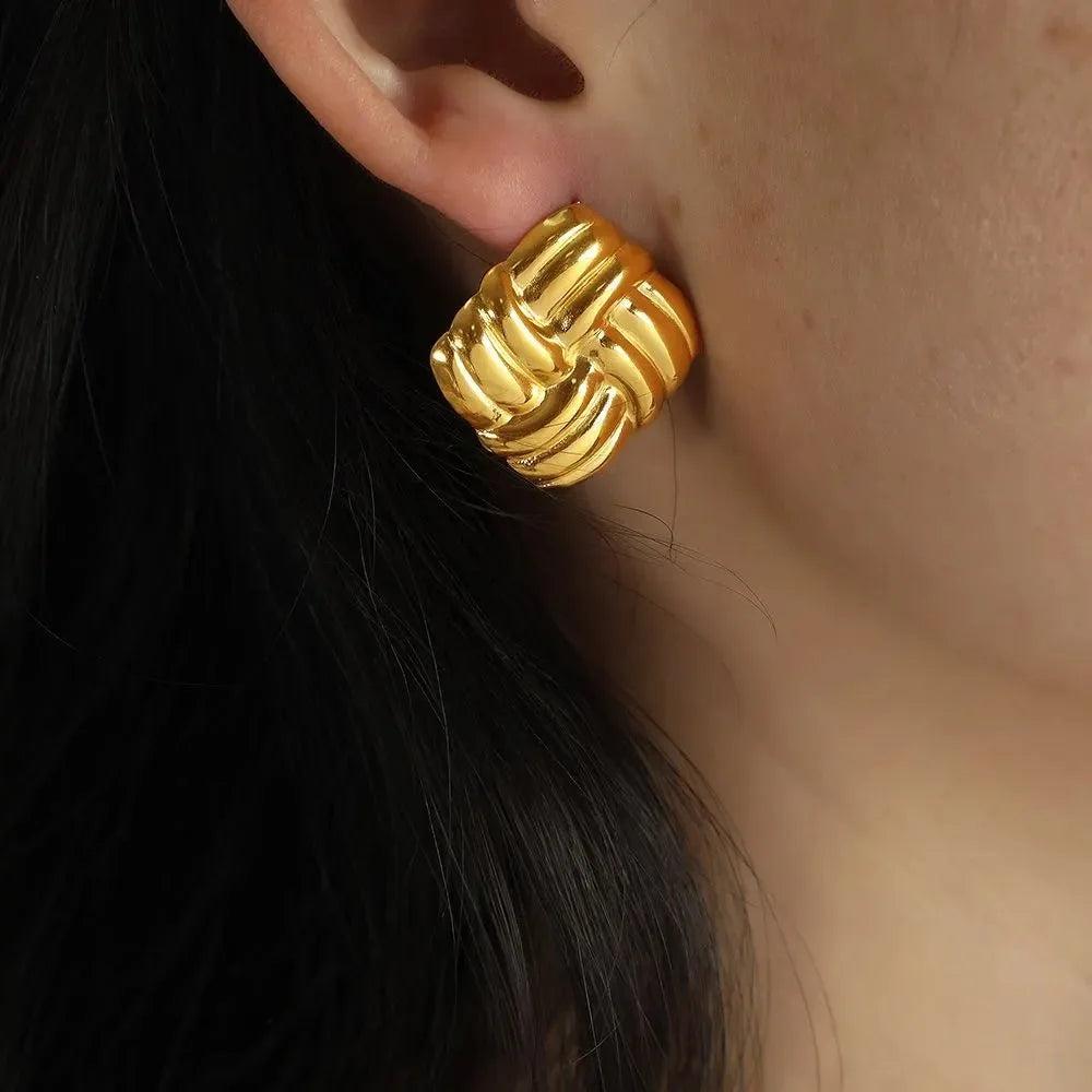 Gold Plated Textured Knot Twisted Geometric Stud Earrings